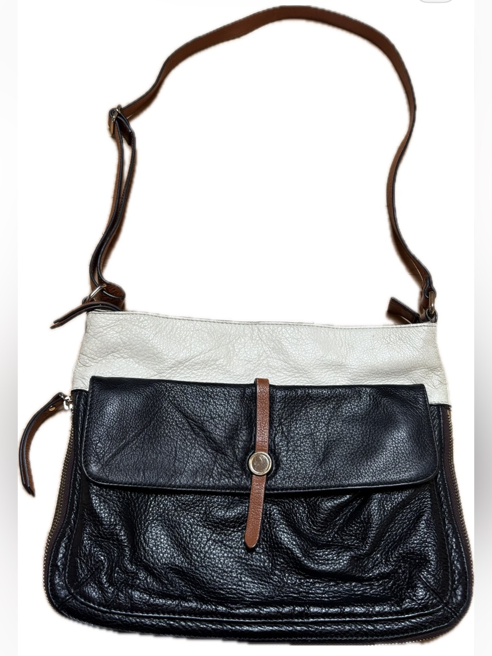 Danier Two-Tone Leather Crossbody Bag in Black, Cream & Tan